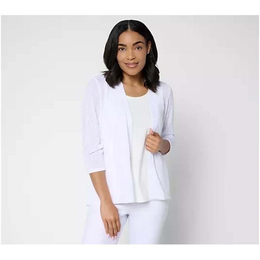Denim & Co. Slub Knit Open Front 3/4-Sleeve Cardigan White, Medium
